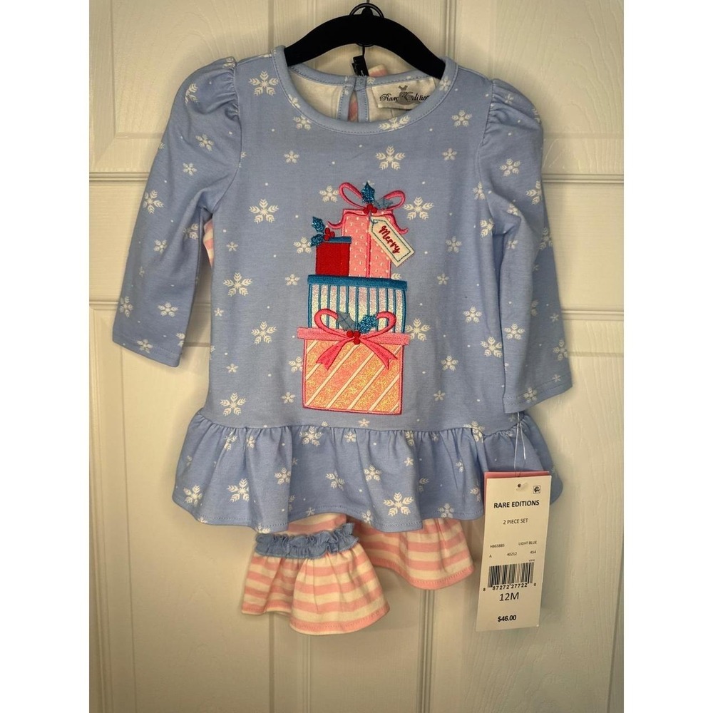 NWT Rare Editions Girls Christmas Present Tunic and Striped Leggings Set 12M